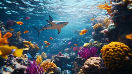 A painting of a coral reef with a variety of fish and sharks
