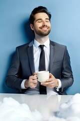 a man in a business suit closed his eyes and smiles with a cup of coffee in his hands