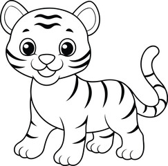 Baby tiger outline, silhouette coloring sketch for kids line art.