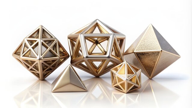 Platonic solids isolated on white background with tetrahedron, cube, octahedron, dodecahedron