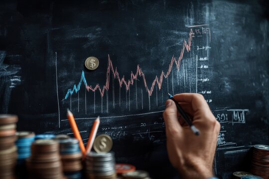 A hand actively drawing a dynamic stock market chart on a blackboard, depicting financial growth and analysis, with stacks of coins representing investment strategies.