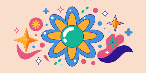 Y2k abstract groovy shape set, vector funky flower, cute minimal sticker kit, stars, wavy objects. Brutal geometric frame, flat basic form, colorful futuristic design graphic. Brutalism groovy shapes 