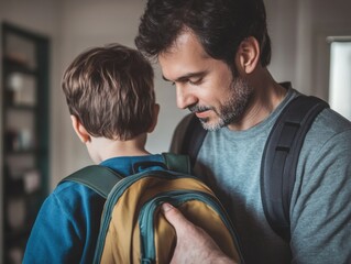 Obraz premium A touching image of a caucasian father and son bonding as they get ready to leave home, showcasing a strong family connection.