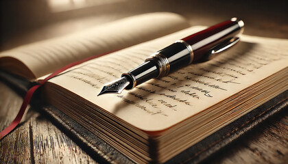 Fototapeta premium Vintage Fountain Pen Resting on Open Journal 