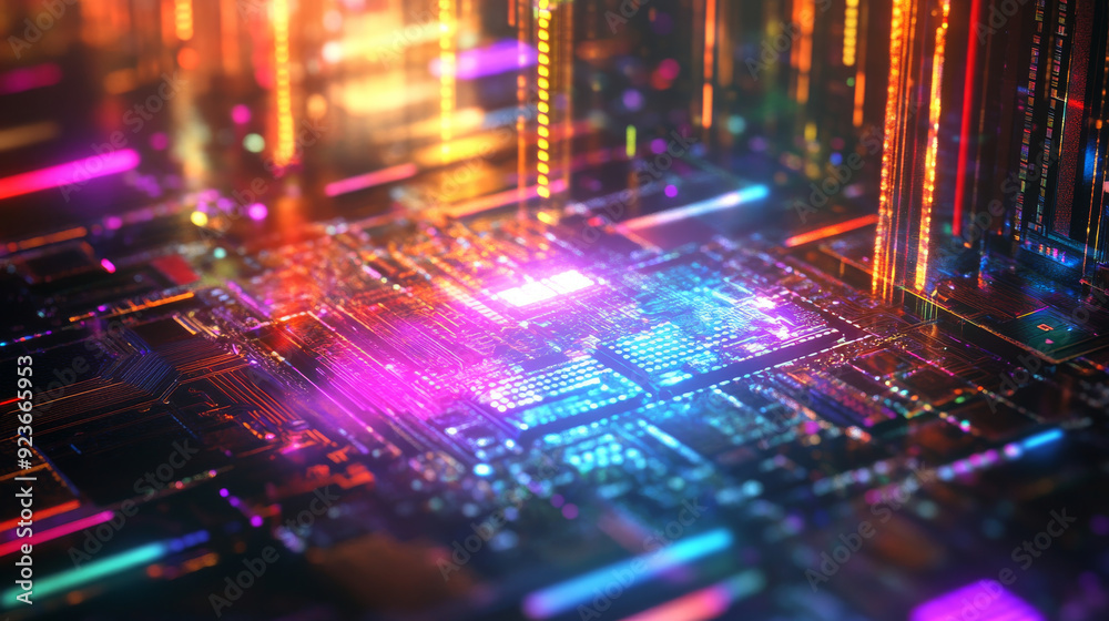 Poster ai word displayed on a microchip with colorful light spreading and a strong beam. ai concept with a 