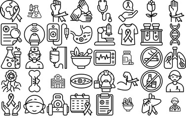 A Collection Of World Cancer Day Icons Silhouette Vector Logo Design Containing Cancer,Hand,Medical,Hiv,Healthcare Solid Icon Collection. Vector Illustration