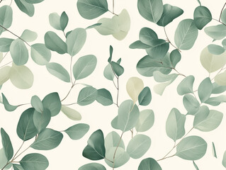 Delicate eucalyptus leaves in shades of sage and mint, laid over a soft, cream-colored base, seamless pattern