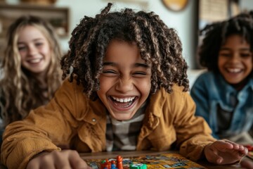 Fototapeta premium A trio of kids with beaming smiles enjoy a board game together, capturing the essence of fun, laughter, and companionship in a warm, family-friendly environment.