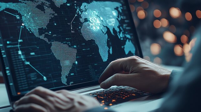 A close-up of a person's hands typing on a laptop, displaying a digital world map interface with glowing data points.