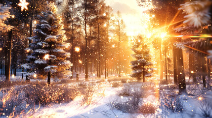 Snow falls softly on a path through a snowy forest, bathed in the warm glow of the setting sun