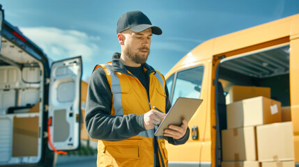 A delivery man in a yellow vest holds a tablet, jotting notes while surrounded by cardboard boxes and a delivery van in bright sunlight