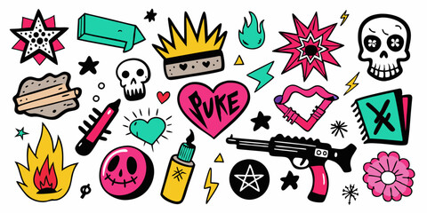 Doodle grunge rock set, vector hand drawn graffiti groovy punk print kit, emo gothic heart sign. Marker scribble sticker, crayon wax paint collage icon, gun, fire, knife, stars. Street grunge doodle 