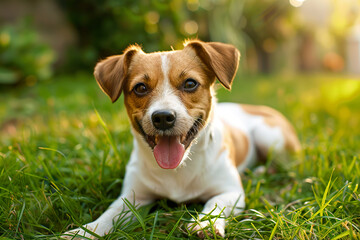 A dog is laying on the grass and smiling, generative ai.