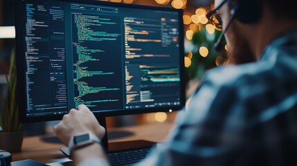 A programmer working on code with multiple screens in a well-lit workspace, showcasing technology and creativity.