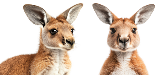 Close-up of two kangaroos against a white background. High-resolution animal portrait showcasing their expressive faces and detail.
