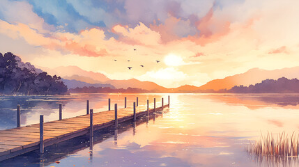 Fototapeta premium A serene sunset over a calm lake, featuring a wooden pier and vibrant sky reflections, perfect for relaxation and inspiration.
