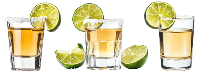 Three tequila shots with lime slices and salt, isolated on a white background. Perfect for party and celebration concepts.