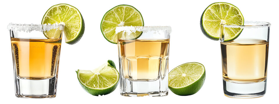 Three tequila shots with lime slices and salt, isolated on a white background. Perfect for party and celebration concepts.