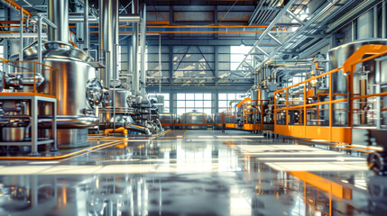 Fototapeta premium A spacious brewery houses advanced machines and pipes, with light dancing on polished surfaces, highlighting the efficiency of the production process