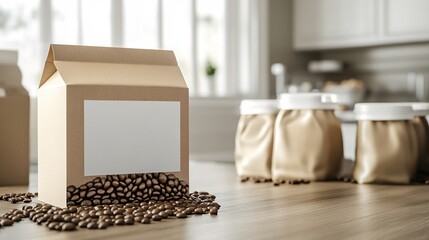 Cardboard packaging filled with coffee beans over kitchen counter