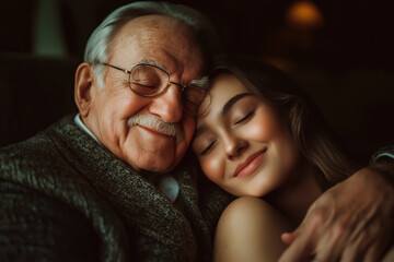 Old man holding young girlfriend in his arms while taking a nap