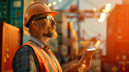A dock worker in a safety vest uses a tablet to manage logistics in a bustling shipping yard during golden hour light