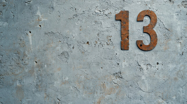 Close-up of a weathered metal number 13 on a textured concrete wall, symbolizing rustic industrial design and vintage aesthetics.