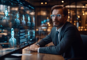 businessman in a virtual meeting room, interacting with holographic avatars of colleagues and data streams flowing between them