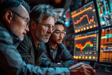 Three serious men of different ages are intensely analyzing market trends on multiple monitors in a modern office, signifying teamwork, strategy, and advanced technology.