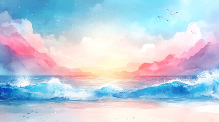A vibrant watercolor seascape depicting waves, colorful clouds, and a serene sunset, ideal for creating a calming atmosphere.