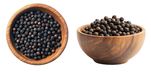 Two wooden bowls filled with whole black peppercorns. High resolution image of aromatic spices perfect for culinary uses and food photography.