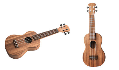High-quality image of two brown wooden ukuleles isolated on white background, showcasing front and side views. Perfect for musical content.