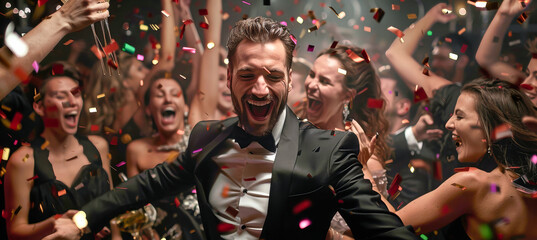 A man in a tuxedo celebrates with a group of women at a lavish party. Confetti explodes in the air as they laugh and cheer, creating a joyful atmosphere