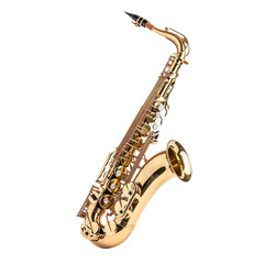 Close-up image of a golden saxophone isolated on a white background, showcasing its intricate design and shiny finish.