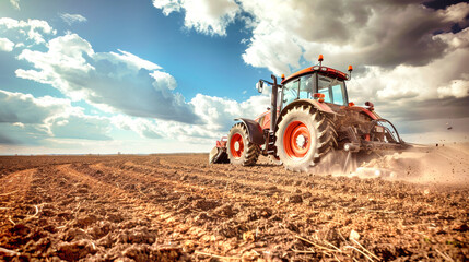 Fototapeta premium A powerful tractor diligently cultivates the earth, creating dust clouds against a stunning sky filled with dramatic clouds