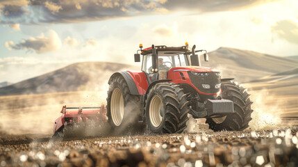 Obraz premium A powerful tractor expertly plows a field, creating clouds of dust as the sun sets behind the mountains, illuminating a serene rural landscape