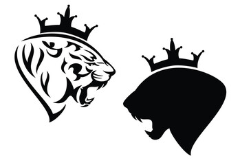 roaring tiger and panther heads with heraldic  king crown - royal coat of arms animal black and white vector design set © Cattallina