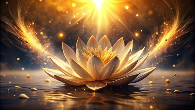 Golden light bursts through a stylized lotus flower, surrounded by subtle feathers, conveying hope, spiritual growth, and positive transformation in a serene, dreamy atmosphere.