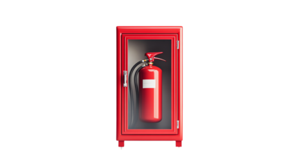 Red fire extinguisher in a red glass cabinet. Safety equipment isolated on a white background for fire emergency preparedness.