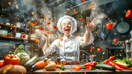 Obraz premium A cheerful chef throws colorful vegetables into the air, surrounded by a lively kitchen ambiance filled with culinary energy