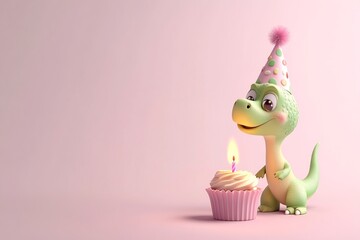 A dinosaur wearing a birthday hat next to a cupcake on a neutral background, blending fun and...