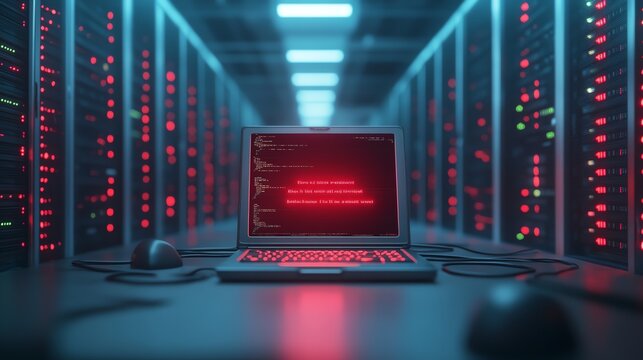 Laptop with red error code on screen in futuristic server room, highlighting cybersecurity vulnerability and hacking threats.