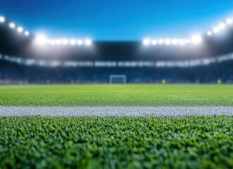 Close-up of a soccer field under stadium lights at night, featuring green grass and a goalpost with blurred stands in the background.