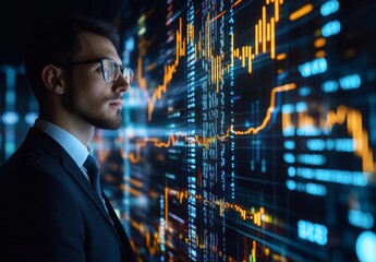 businessman surrounded by data streams representing digital currencies, with holographic charts showing market fluctuations and trends