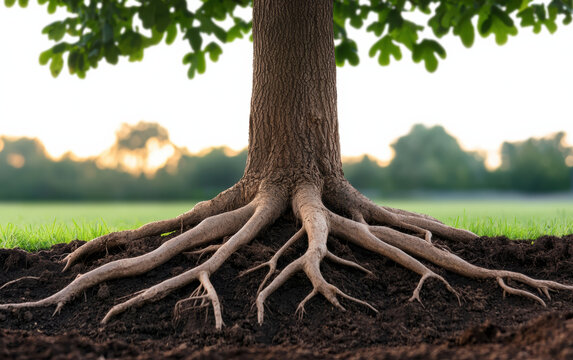 The gnarled tree roots spread out on rich soil with a lush green background, symbolizing strength and stability in nature. - Powered by Adobe