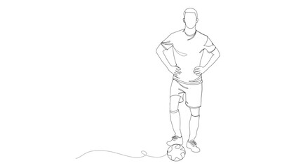 continuous line drawing of soccer player shooting vector illustration. Single one line art of young man playing soccer ball template.
