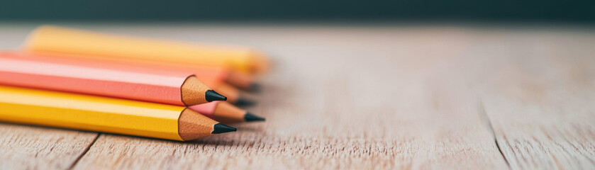 Fototapeta premium Close-up of colorful pencils arranged on a wooden surface, perfect for education, creativity, and art-themed s.