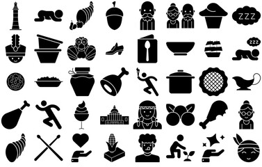 A Collection Of Thanksgiving Vector Symbols Apps, Websites Ui Designs Suitable For Cooking,Autumn,Drumstick,Food,Thanksgiving Stroke Icon Collection. Vector Illustration