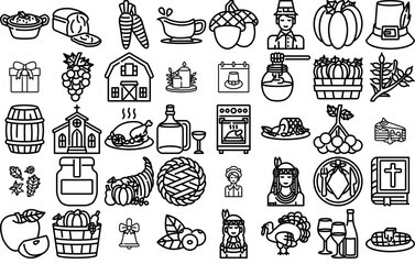 Set Of Linear Thanksgiving Day Icons Silhouette Vector Logo Design Containing Fruit,Cultures,Vegan,Food,Thanksgiving Simple Black Style Symbol Sign For Apps And Website, Vector Illustration