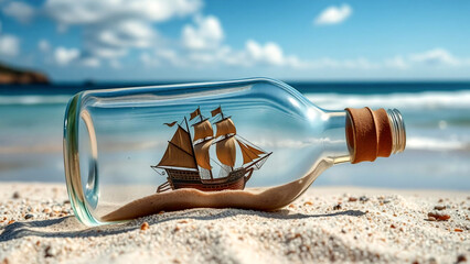 Pirate ship in a clear glass bottle on the beach. Generative AI illustration